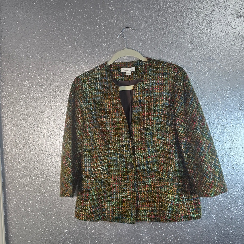 Coldwater Creek Multi Color Confetti Tweed Jacket Green Orange Size 10 4014572